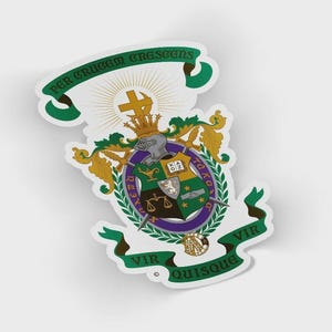 May include: A die-cut sticker featuring a heraldic crest with a shield divided into four sections containing a lamp, a book, a lion, and a handshake. The crest includes a knight's helmet, a cross, and green banners with the text PER CRUCEM CRESCENS VIR QUISQUE VIR.