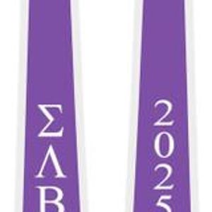 May include: Purple graduation sash with white trim and the letters "ΣΛΒ" and the year "2025" in white.