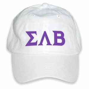 May include: White baseball cap with a purple embroidered Greek letter logo "ΣΛΒ".