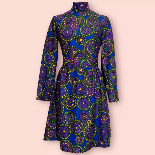 1960s mod dress - Spirograph art- flower power all over print-  purple yellow green - floral - high neck dress - 60s true vintage clothes M