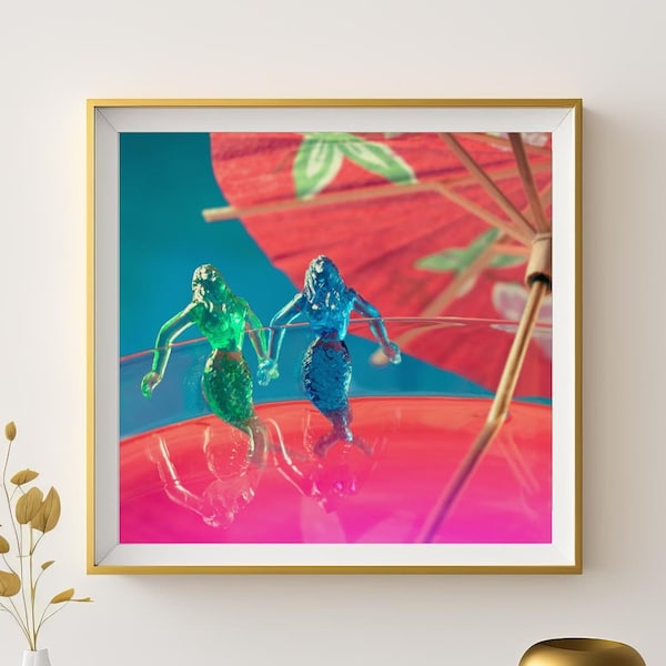 Stampa di sirena da cocktail, decorazione per carrello bar, arte da salotto, stampa di cocktail, poster di grandi dimensioni, arte murale moderna, stile di vita di metà secolo, foto stampabile