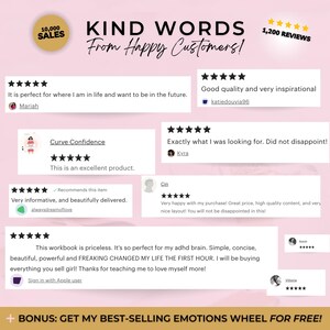 May include: A graphic display titled KIND WORDS From Happy Customers! featuring 10,000 SALES and 1,200 REVIEWS with five-star ratings. It includes multiple customer testimonials, usernames, and a bottom banner stating BONUS: GET MY BEST-SELLING EMOTIONS WHEEL FOR FREE!