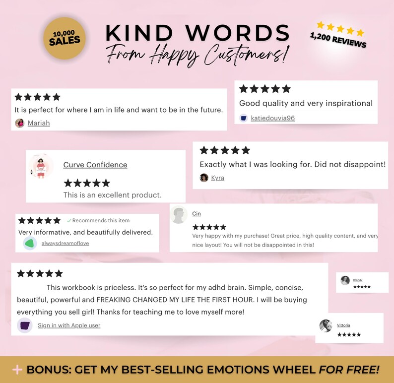 May include: A graphic display titled KIND WORDS From Happy Customers! featuring 10,000 SALES and 1,200 REVIEWS with five-star ratings. It includes multiple customer testimonials, usernames, and a bottom banner stating BONUS: GET MY BEST-SELLING EMOTIONS WHEEL FOR FREE!