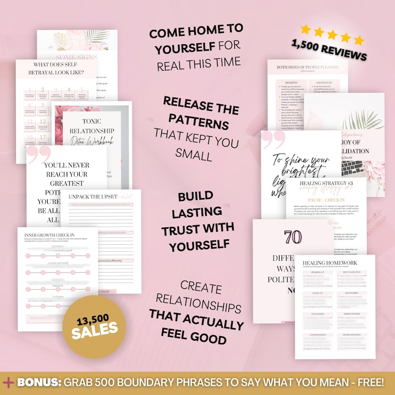 Codependency Recovery Bundle digital workbook set. Stop people-pleasing, set boundaries, and build self-trust. Includes 8 workbooks covering codependency healing, assertive communication, self-validation, and toxic relationship detox. Comes with a guided healing plan + bonus Feelings Wheel. Works in Notion, Goodnotes, or as a printable PDF. Instant download for self-growth, emotional regulation, and confidence-building.