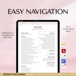 Easy Navigation page showing the workbook’s clickable, hyperlinked index inside a digital PDF. Tap any section in the index to jump instantly to that page, and use the built-in ‘Back to Index’ link on every page to return and keep navigating fast. Designed for digital use on iPad/tablet/computer. Compatible with Goodnotes, Notability, Apple Notes, Adobe Acrobat, and Xodo.