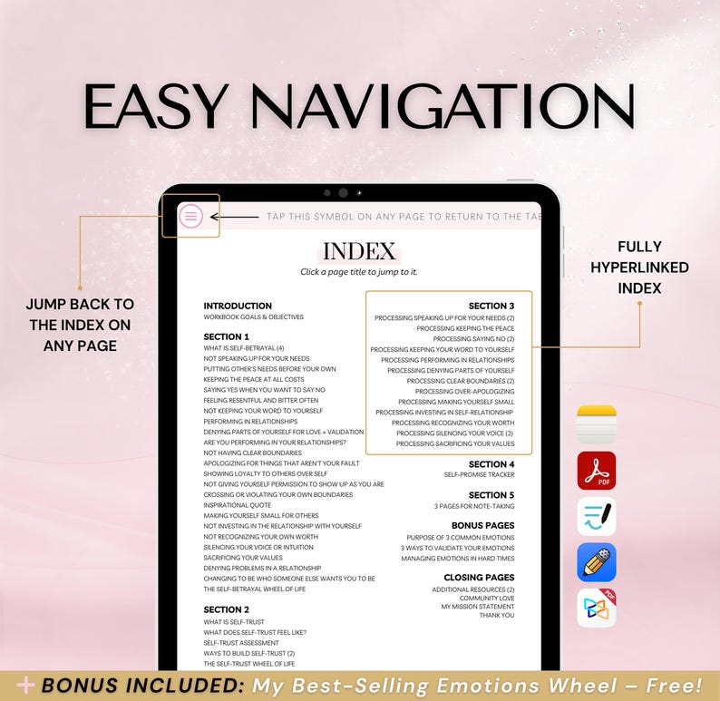 Easy Navigation page showing the workbook’s clickable, hyperlinked index inside a digital PDF. Tap any section in the index to jump instantly to that page, and use the built-in ‘Back to Index’ link on every page to return and keep navigating fast. Designed for digital use on iPad/tablet/computer. Compatible with Goodnotes, Notability, Apple Notes, Adobe Acrobat, and Xodo.