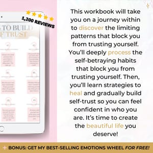 May include: A digital tablet displays a workbook page titled Ways to Build Self-Trust with numbered steps. Beside it, text explains a journey to discover limiting patterns, process self-betraying habits, and heal. Includes a 1,200 reviews badge.
