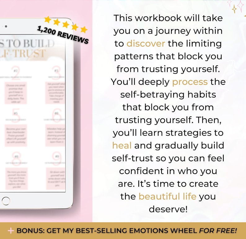 May include: A digital tablet displays a workbook page titled Ways to Build Self-Trust with numbered steps. Beside it, text explains a journey to discover limiting patterns, process self-betraying habits, and heal. Includes a 1,200 reviews badge.