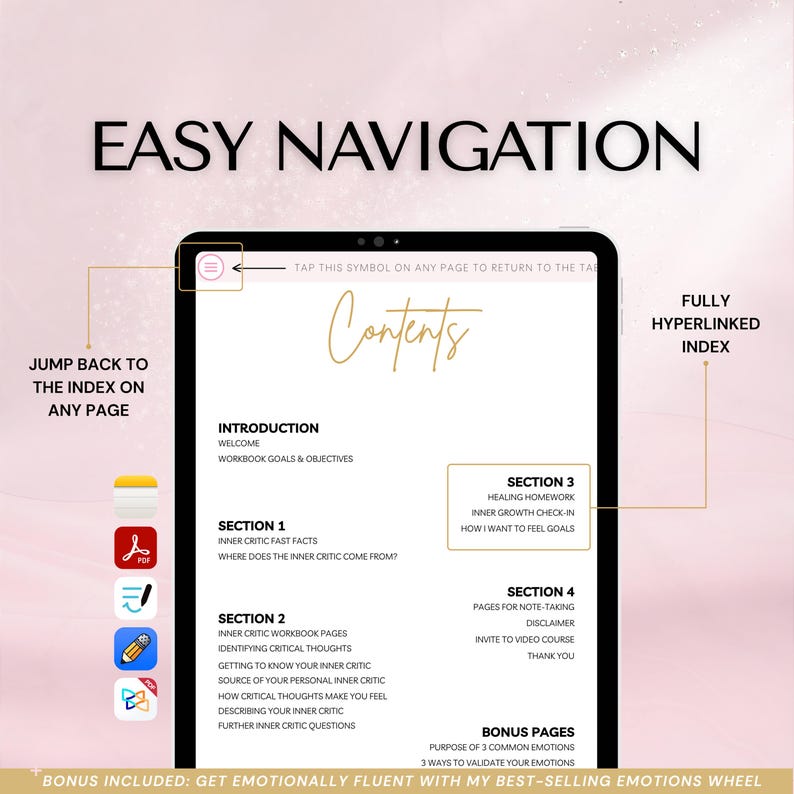 Easy Navigation page showing the workbook’s clickable, hyperlinked index inside a digital PDF. Tap any section in the index to jump instantly to that page, and use the built-in ‘Back to Index’ link on every page to return and keep navigating fast. Designed for digital use on iPad/tablet/computer. Compatible with Goodnotes, Notability, Apple Notes, Adobe Acrobat, and Xodo.