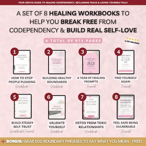 Codependency Recovery Bundle digital workbook set. Stop people-pleasing, set boundaries, and build self-trust. Includes 8 workbooks covering codependency healing, assertive communication, self-validation, and toxic relationship detox. Comes with a guided healing plan + bonus Feelings Wheel. Works in Notion, Goodnotes, or as a printable PDF. Instant download for self-growth, emotional regulation, and confidence-building.