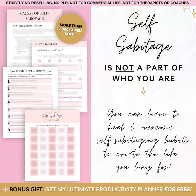 Overcome self-sabotage with this digital workbook. A guided journal packed with exercises, prompts, and worksheets to break negative patterns, build self-trust, and create lasting change. Designed by an Emotional Intelligence Coach, this 60-page PDF is perfect for personal growth, therapy support, and self-reflection. Works in Goodnotes, Notion, and as a printable. Instant download for self-awareness, emotional healing, and mindful goal-setting.