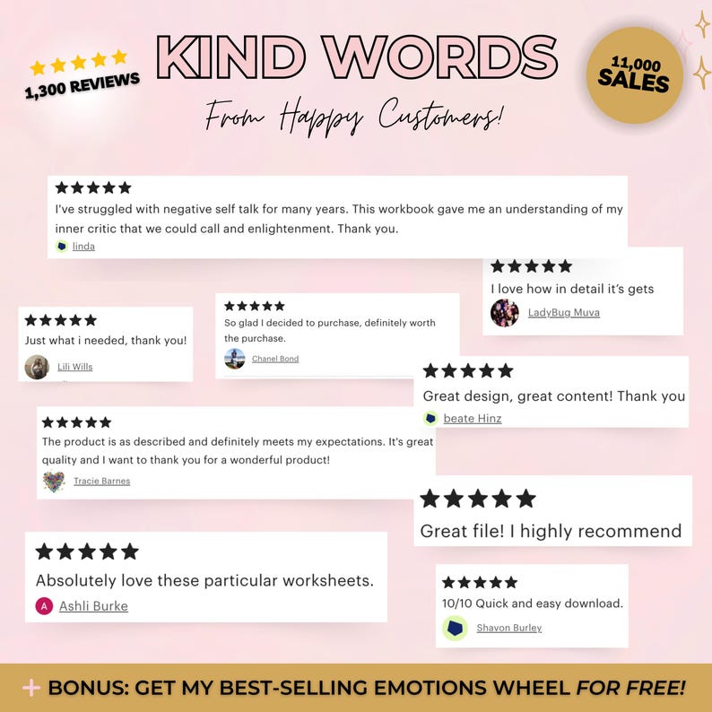 May include: A collage of positive customer reviews for a workbook about self-talk. The reviews are displayed in white text boxes with a black background and star ratings. The text "KIND WORDS" is displayed in a pink box with white text. The text "From Happy Customers!" is displayed in a white box with black text. The text "1,300 REVIEWS" is displayed in a white box with black text. The text "11,000 SALES" is displayed in a pink box with white text. The text "BONUS: GET MY BEST-SELLING EMOTIONS WHEEL FOR FREE!" is displayed in a white box with black text.