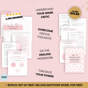 May include: A pink and white digital product guide with the title "How To Manage Your Inner Critic" and the text "Understand Your Inner Critic", "Overcome Critical Thoughts", "Do The Healing Homework", and "Take Back Your Power".