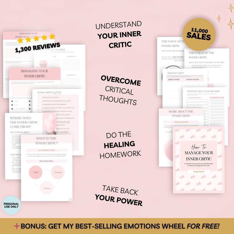 May include: A pink and white digital product guide with the title "How To Manage Your Inner Critic" and the text "Understand Your Inner Critic", "Overcome Critical Thoughts", "Do The Healing Homework", and "Take Back Your Power".