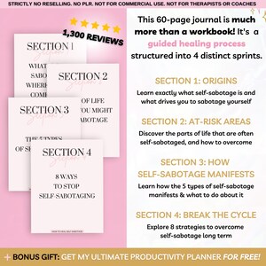 Overcome self-sabotage with this digital workbook. A guided journal packed with exercises, prompts, and worksheets to break negative patterns, build self-trust, and create lasting change. Designed by an Emotional Intelligence Coach, this 60-page PDF is perfect for personal growth, therapy support, and self-reflection. Works in Goodnotes, Notion, and as a printable. Instant download for self-awareness, emotional healing, and mindful goal-setting.