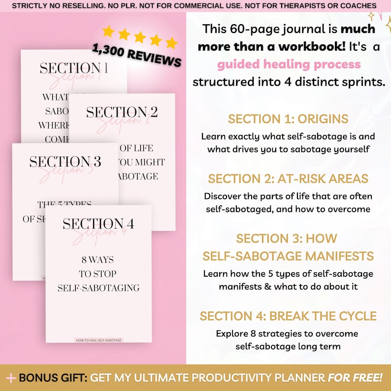 Overcome self-sabotage with this digital workbook. A guided journal packed with exercises, prompts, and worksheets to break negative patterns, build self-trust, and create lasting change. Designed by an Emotional Intelligence Coach, this 60-page PDF is perfect for personal growth, therapy support, and self-reflection. Works in Goodnotes, Notion, and as a printable. Instant download for self-awareness, emotional healing, and mindful goal-setting.