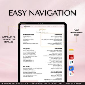 Easy Navigation page showing the workbook’s clickable, hyperlinked index inside a digital PDF. Tap any section in the index to jump instantly to that page, and use the built-in ‘Back to Index’ link on every page to return and keep navigating fast. Designed for digital use on iPad/tablet/computer. Compatible with Goodnotes, Notability, Apple Notes, Adobe Acrobat, and Xodo.
