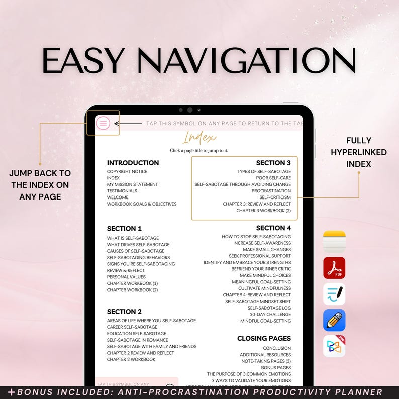 Easy Navigation page showing the workbook’s clickable, hyperlinked index inside a digital PDF. Tap any section in the index to jump instantly to that page, and use the built-in ‘Back to Index’ link on every page to return and keep navigating fast. Designed for digital use on iPad/tablet/computer. Compatible with Goodnotes, Notability, Apple Notes, Adobe Acrobat, and Xodo.