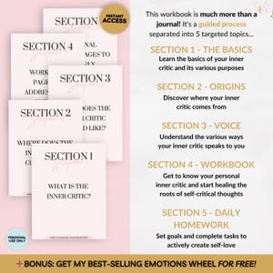 May include: A pink and white workbook with the title "How to Manage Your Inner Critic". The workbook is divided into five sections: "The Basics", "Origins", "Voice", "Workbook", and "Daily Homework".