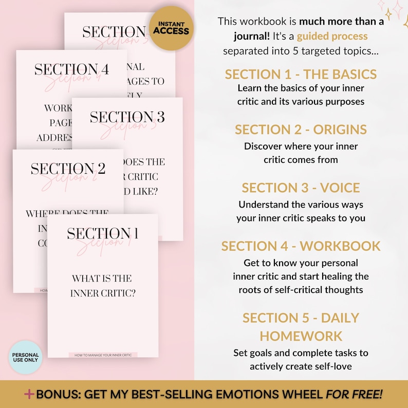 May include: A pink and white workbook with the title "How to Manage Your Inner Critic". The workbook is divided into five sections: "The Basics", "Origins", "Voice", "Workbook", and "Daily Homework".