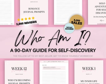 Journal numérique Qui suis-je, journal guidé de 90 jours, instructions pour le journal de découverte de soi, cahier d'exercices Goodnotes sur l'amour de soi, guide d'entretien personnel imprimable