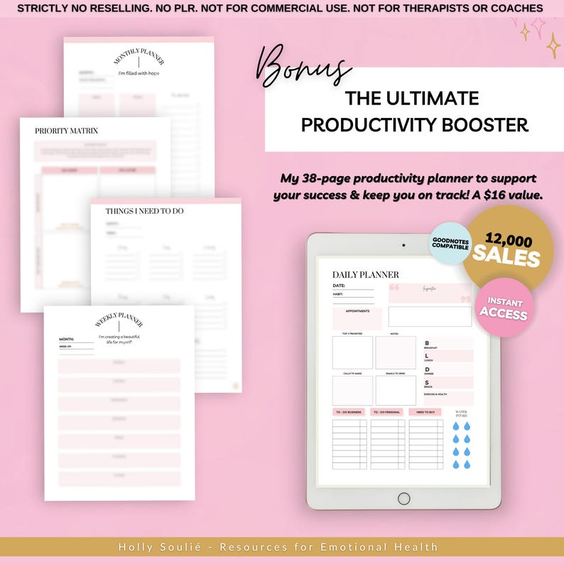 Overcome self-sabotage with this digital workbook. A guided journal packed with exercises, prompts, and worksheets to break negative patterns, build self-trust, and create lasting change. Designed by an Emotional Intelligence Coach, this 60-page PDF is perfect for personal growth, therapy support, and self-reflection. Works in Goodnotes, Notion, and as a printable. Instant download for self-awareness, emotional healing, and mindful goal-setting.