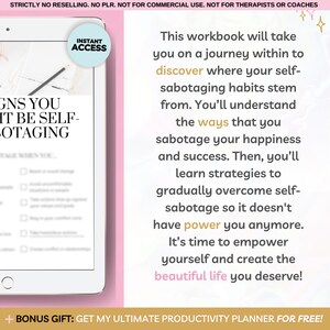 Overcome self-sabotage with this digital workbook. A guided journal packed with exercises, prompts, and worksheets to break negative patterns, build self-trust, and create lasting change. Designed by an Emotional Intelligence Coach, this 60-page PDF is perfect for personal growth, therapy support, and self-reflection. Works in Goodnotes, Notion, and as a printable. Instant download for self-awareness, emotional healing, and mindful goal-setting.