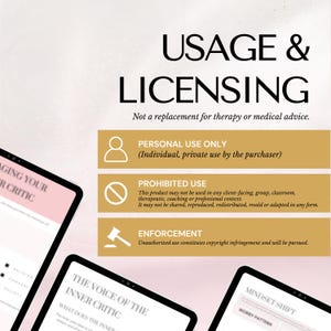 Usage & Licensing notice for a digital download: Personal use only (individual, private use by the purchaser). Prohibited use includes client-facing, group, classroom, therapeutic, coaching, or professional use; no sharing, reproduction, redistribution, resale, or adaptation. Enforcement: unauthorized use constitutes copyright infringement and will be pursued. Not a replacement for therapy or medical advice.