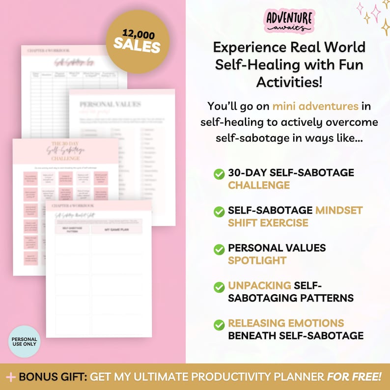 Overcome self-sabotage with this digital workbook. A guided journal packed with exercises, prompts, and worksheets to break negative patterns, build self-trust, and create lasting change. Designed by an Emotional Intelligence Coach, this 60-page PDF is perfect for personal growth, therapy support, and self-reflection. Works in Goodnotes, Notion, and as a printable. Instant download for self-awareness, emotional healing, and mindful goal-setting.