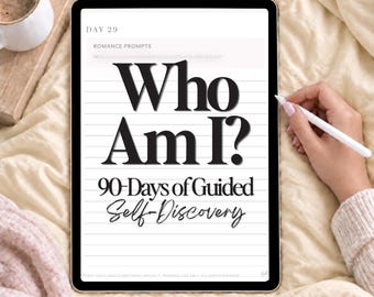 Puede incluir: Una tableta digital que muestra una página titulada Day 29 Romance Prompts con el texto Who Am I? 90-Days of Guided Self-Discovery. La pantalla presenta gráficos de papel rayado y tipografía negra sobre fondo blanco.