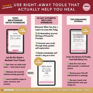 Codependency Recovery Bundle digital workbook set. Stop people-pleasing, set boundaries, and build self-trust. Includes 8 workbooks covering codependency healing, assertive communication, self-validation, and toxic relationship detox. Comes with a guided healing plan + bonus Feelings Wheel. Works in Notion, Goodnotes, or as a printable PDF. Instant download for self-growth, emotional regulation, and confidence-building.