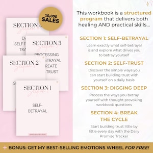 May include: A digital workbook program featuring four sections: Self-Betrayal, Self-Trust, Digging Deep, and Break the Cycle. The text outlines a structured program for healing and practical skills, including a Daily Promise Tracker and a bonus Emotions Wheel.