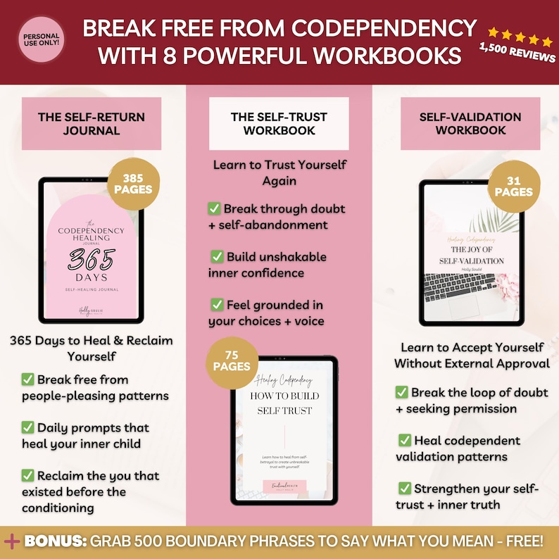 Codependency Recovery Bundle digital workbook set. Stop people-pleasing, set boundaries, and build self-trust. Includes 8 workbooks covering codependency healing, assertive communication, self-validation, and toxic relationship detox. Comes with a guided healing plan + bonus Feelings Wheel. Works in Notion, Goodnotes, or as a printable PDF. Instant download for self-growth, emotional regulation, and confidence-building.