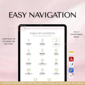 Easy Navigation page showing the workbook’s clickable, hyperlinked index inside a digital PDF. Tap any section in the index to jump instantly to that page, and use the built-in ‘Back to Index’ link on every page to return and keep navigating fast. Designed for digital use on iPad/tablet/computer. Compatible with Goodnotes, Notability, Apple Notes, Adobe Acrobat, and Xodo.