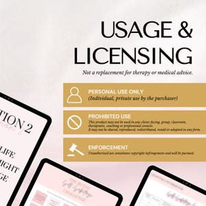 Usage & Licensing notice for a digital download: Personal use only (individual, private use by the purchaser). Prohibited use includes client-facing, group, classroom, therapeutic, coaching, or professional use; no sharing, reproduction, redistribution, resale, or adaptation. Enforcement: unauthorized use constitutes copyright infringement and will be pursued. Not a replacement for therapy or medical advice.