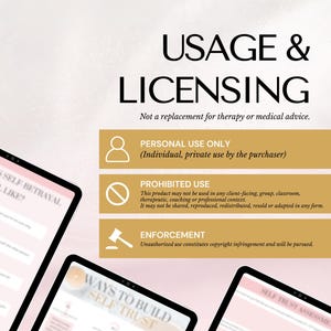 Usage & Licensing notice for a digital download: Personal use only (individual, private use by the purchaser). Prohibited use includes client-facing, group, classroom, therapeutic, coaching, or professional use; no sharing, reproduction, redistribution, resale, or adaptation. Enforcement: unauthorized use constitutes copyright infringement and will be pursued. Not a replacement for therapy or medical advice.