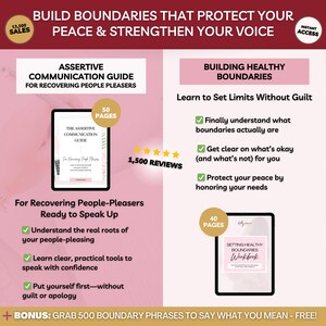 Codependency Recovery Bundle digital workbook set. Stop people-pleasing, set boundaries, and build self-trust. Includes 8 workbooks covering codependency healing, assertive communication, self-validation, and toxic relationship detox. Comes with a guided healing plan + bonus Feelings Wheel. Works in Notion, Goodnotes, or as a printable PDF. Instant download for self-growth, emotional regulation, and confidence-building.
