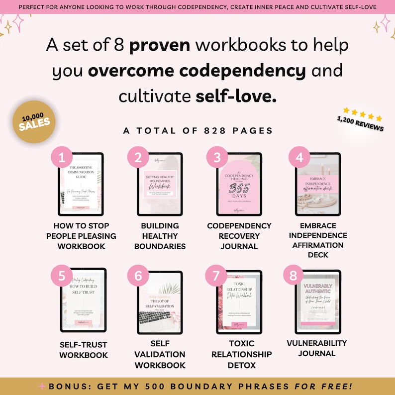 The Codependency Cure has 8 Codependency Workbooks with 50% off, perfect for self care & building confidence! Instant access PDF downloads that are Goodnotes & Notability Compatible. Overcome codependency today!