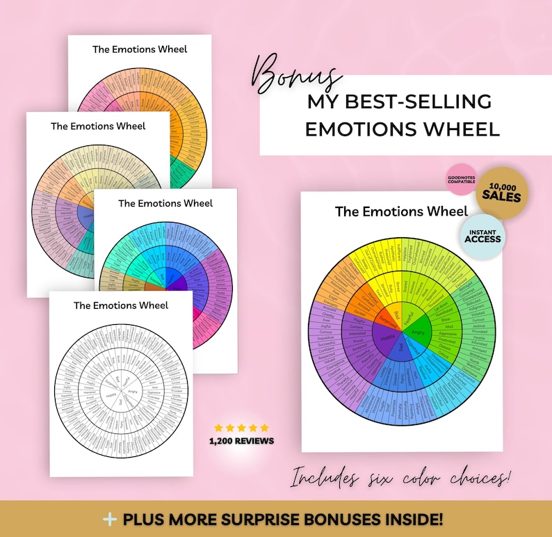 May include: A collection of digital printables titled The Emotions Wheel, featuring circular charts with various emotional categories in color-coded segments. The set includes multiple versions with different color palettes and one black and white version.
