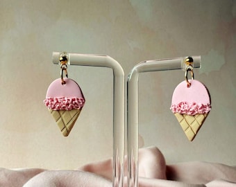 Handmade Strawberry Ice Cream Cone Dangle Earrings – Polymer Clay Jewelry