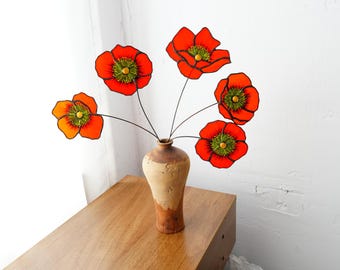 Lot de 5 bouquets de vitraux coquelicots : décor floral peint à la main