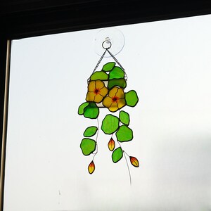 Yellow Trumpetcreeper flower window stained glass hanging plant home decor Boho home plant suncatcher gift for plane lover