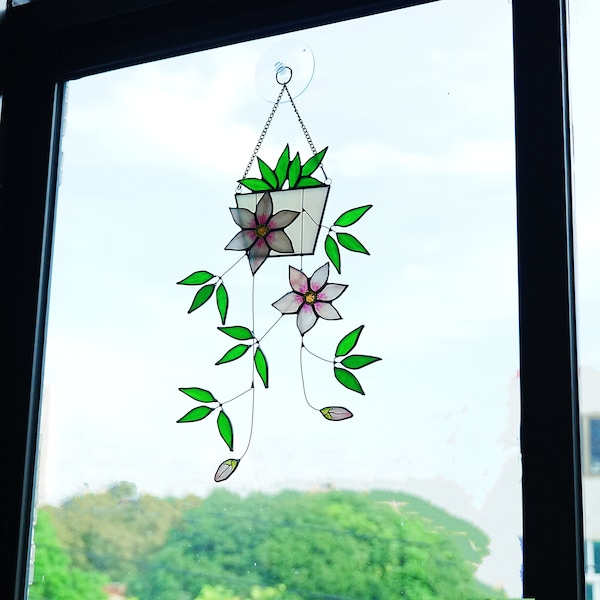 Stained glass clematics flowers window suncatcher hanging plant decor,flower home decor glass flower art