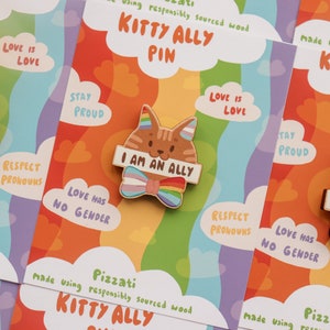 Kitty Ally Wooden Pin - Transgender Cat Badge - Queer Ally Cute Pin - Pizzati