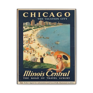 Vintage Chicago 1920s Cityscape Image, Illinois Central, Vacation City, Stretched Matte Canvas Print 3 Sizes, Home Wall Decor, Artwork Print