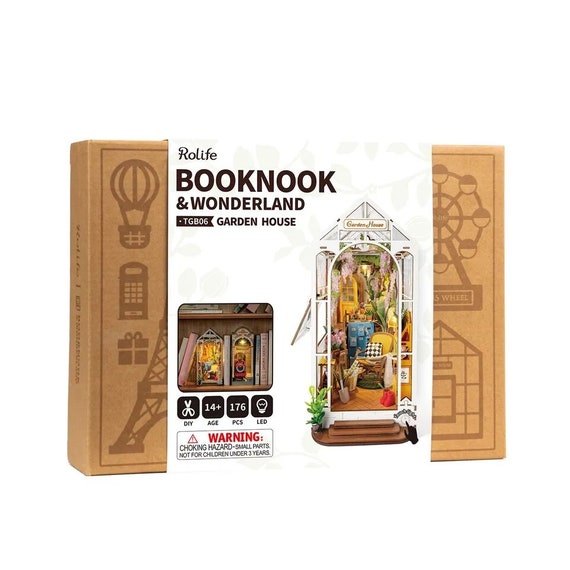 ROBOTIME DIY Book Nook Kit with LED Light Decorative Bookend (Garden  House+Time Travel)