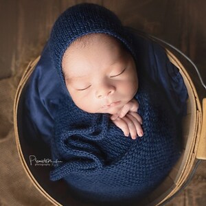 Newborn photography prop Alpaca knit wrap Long size knit newborn wrap Knit ties bonnet 51 colours Navy blue wrap bonnet set Blue photo props