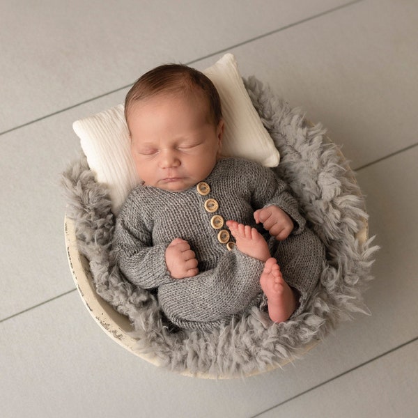 Romper sin pies para recién nacidos Accesorio de fotografía para recién nacidos Romper de punto de alpaca Traje de niño recién nacido durmiente Gorro de lazos de punto 54 colores para elegir