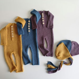 Newborn footless romper Newborn photography prop Alpaca knit romper Newborn boy outfit sleeper Knitted ties bonnet 51 colours to choose from