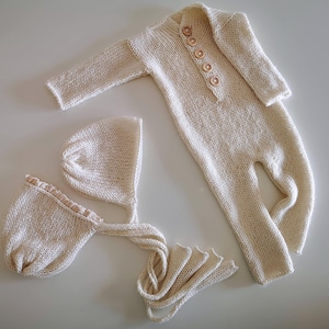 Newborn footless romper Newborn photography prop Alpaca knit romper Newborn boy outfit sleeper Knitted ties bonnet 54 colours to choose from